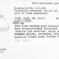 Index card with typed and handwritten information, sometimes including a sketch, of pottery from an excavation.