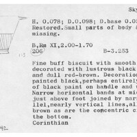 Index card with typed and handwritten information, sometimes including a sketch, of pottery from an excavation.
