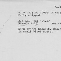 Index card with typed and handwritten information, sometimes including a sketch, of pottery from an excavation.