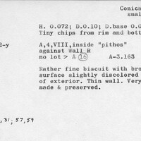 Index card with typed and handwritten information, sometimes including a sketch, of pottery from an excavation.