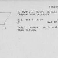 Index card with typed and handwritten information, sometimes including a sketch, of pottery from an excavation.
