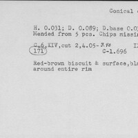 Index card with typed and handwritten information, sometimes including a sketch, of pottery from an excavation.