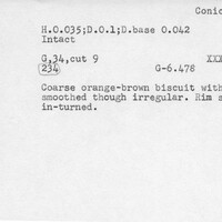 Index card with typed and handwritten information, sometimes including a sketch, of pottery from an excavation.
