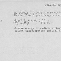 Index card with typed and handwritten information, sometimes including a sketch, of pottery from an excavation.