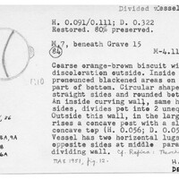 Index card with typed and handwritten information, sometimes including a sketch, of pottery from an excavation.