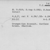 Index card with typed and handwritten information, sometimes including a sketch, of pottery from an excavation.