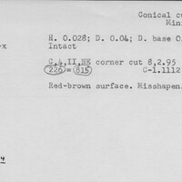 Index card with typed and handwritten information, sometimes including a sketch, of pottery from an excavation.