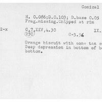 Index card with typed and handwritten information, sometimes including a sketch, of pottery from an excavation.