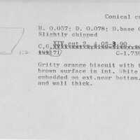 Index card with typed and handwritten information, sometimes including a sketch, of pottery from an excavation.