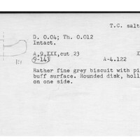 Index card with typed and handwritten information, sometimes including a sketch, of pottery from an excavation.
