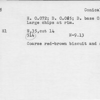 Index card with typed and handwritten information, sometimes including a sketch, of pottery from an excavation.