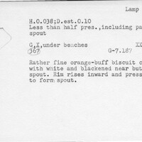 Index card with typed and handwritten information, sometimes including a sketch, of pottery from an excavation.
