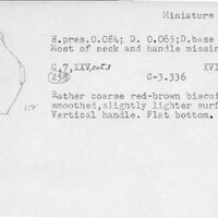 Index card with typed and handwritten information, sometimes including a sketch, of pottery from an excavation.
