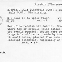 Index card with typed and handwritten information, sometimes including a sketch, of pottery from an excavation.