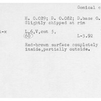 Index card with typed and handwritten information, sometimes including a sketch, of pottery from an excavation.