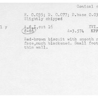 Index card with typed and handwritten information, sometimes including a sketch, of pottery from an excavation.