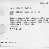 Index card with typed and handwritten information, sometimes including a sketch, of pottery from an excavation.