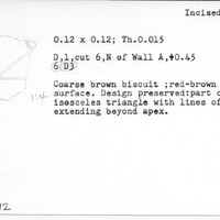Index card with typed and handwritten information, sometimes including a sketch, of pottery from an excavation.