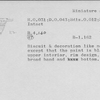 Index card with typed and handwritten information, sometimes including a sketch, of pottery from an excavation.