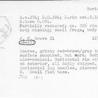 Index card with typed and handwritten information, sometimes including a sketch, of pottery from an excavation.