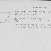 Index card with typed and handwritten information, sometimes including a sketch, of pottery from an excavation.