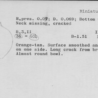 Index card with typed and handwritten information, sometimes including a sketch, of pottery from an excavation.