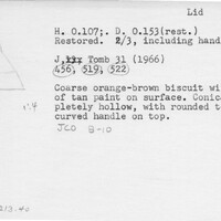 Index card with typed and handwritten information, sometimes including a sketch, of pottery from an excavation.