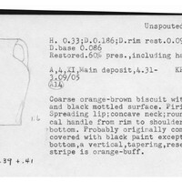 Index card with typed and handwritten information, sometimes including a sketch, of pottery from an excavation.