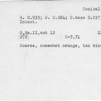 Index card with typed and handwritten information, sometimes including a sketch, of pottery from an excavation.