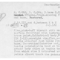 Index card with typed and handwritten information, sometimes including a sketch, of pottery from an excavation.