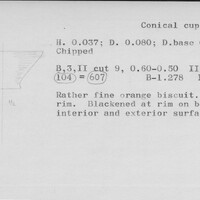 Index card with typed and handwritten information, sometimes including a sketch, of pottery from an excavation.