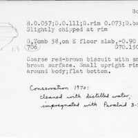Index card with typed and handwritten information, sometimes including a sketch, of pottery from an excavation.