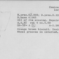 Index card with typed and handwritten information, sometimes including a sketch, of pottery from an excavation.