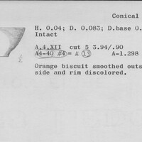 Index card with typed and handwritten information, sometimes including a sketch, of pottery from an excavation.