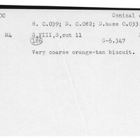 Index card with typed and handwritten information, sometimes including a sketch, of pottery from an excavation.