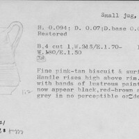 Index card with typed and handwritten information, sometimes including a sketch, of pottery from an excavation.