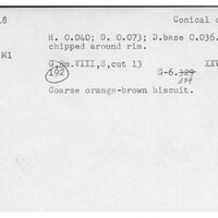 Index card with typed and handwritten information, sometimes including a sketch, of pottery from an excavation.