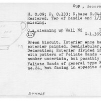 Index card with typed and handwritten information, sometimes including a sketch, of pottery from an excavation.