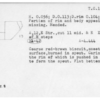 Index card with typed and handwritten information, sometimes including a sketch, of pottery from an excavation.