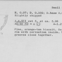 Index card with typed and handwritten information, sometimes including a sketch, of pottery from an excavation.
