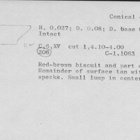 Index card with typed and handwritten information, sometimes including a sketch, of pottery from an excavation.