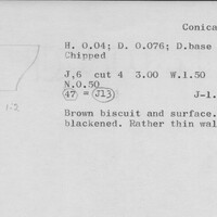 Index card with typed and handwritten information, sometimes including a sketch, of pottery from an excavation.