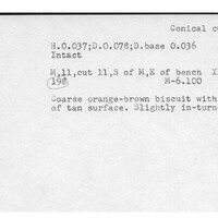 Index card with typed and handwritten information, sometimes including a sketch, of pottery from an excavation.