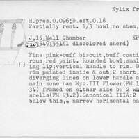 Index card with typed and handwritten information, sometimes including a sketch, of pottery from an excavation.