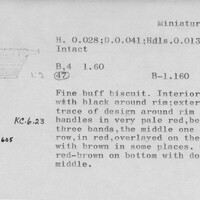 Index card with typed and handwritten information, sometimes including a sketch, of pottery from an excavation.