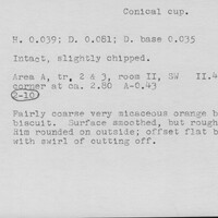 Index card with typed and handwritten information, sometimes including a sketch, of pottery from an excavation.
