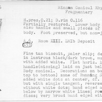 Index card with typed and handwritten information, sometimes including a sketch, of pottery from an excavation.