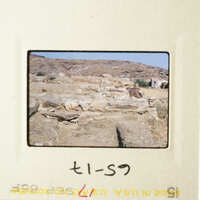 A photo of an archeological site with stone ruins, taken from a distance.