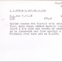 Index card with typed and handwritten information, sometimes including a sketch, of pottery from an excavation.