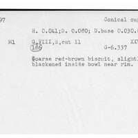 Index card with typed and handwritten information, sometimes including a sketch, of pottery from an excavation.